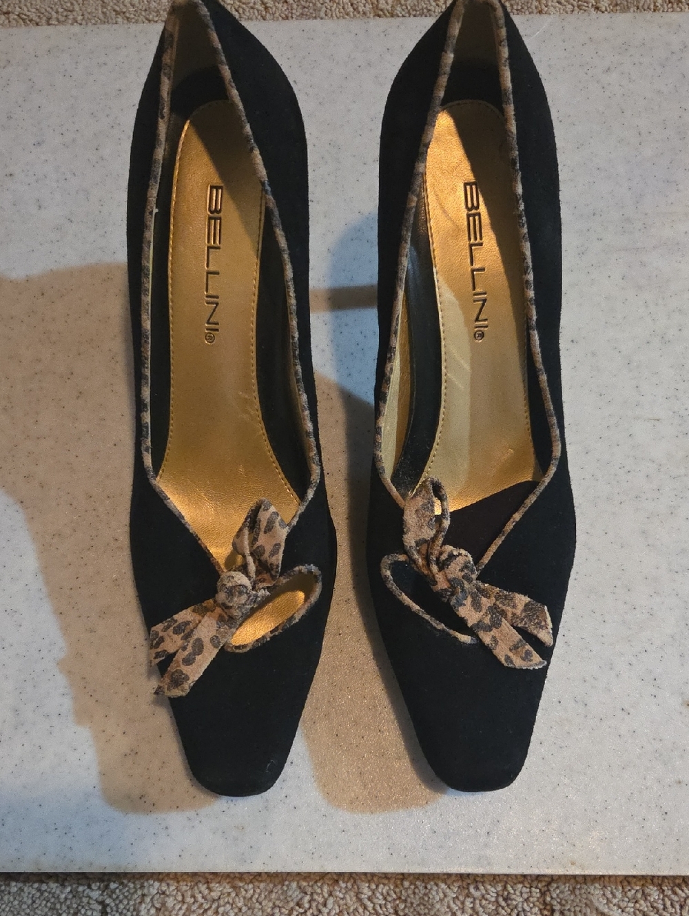 Bellini Black Suede Pumps with Leopard-Print Bow Trim